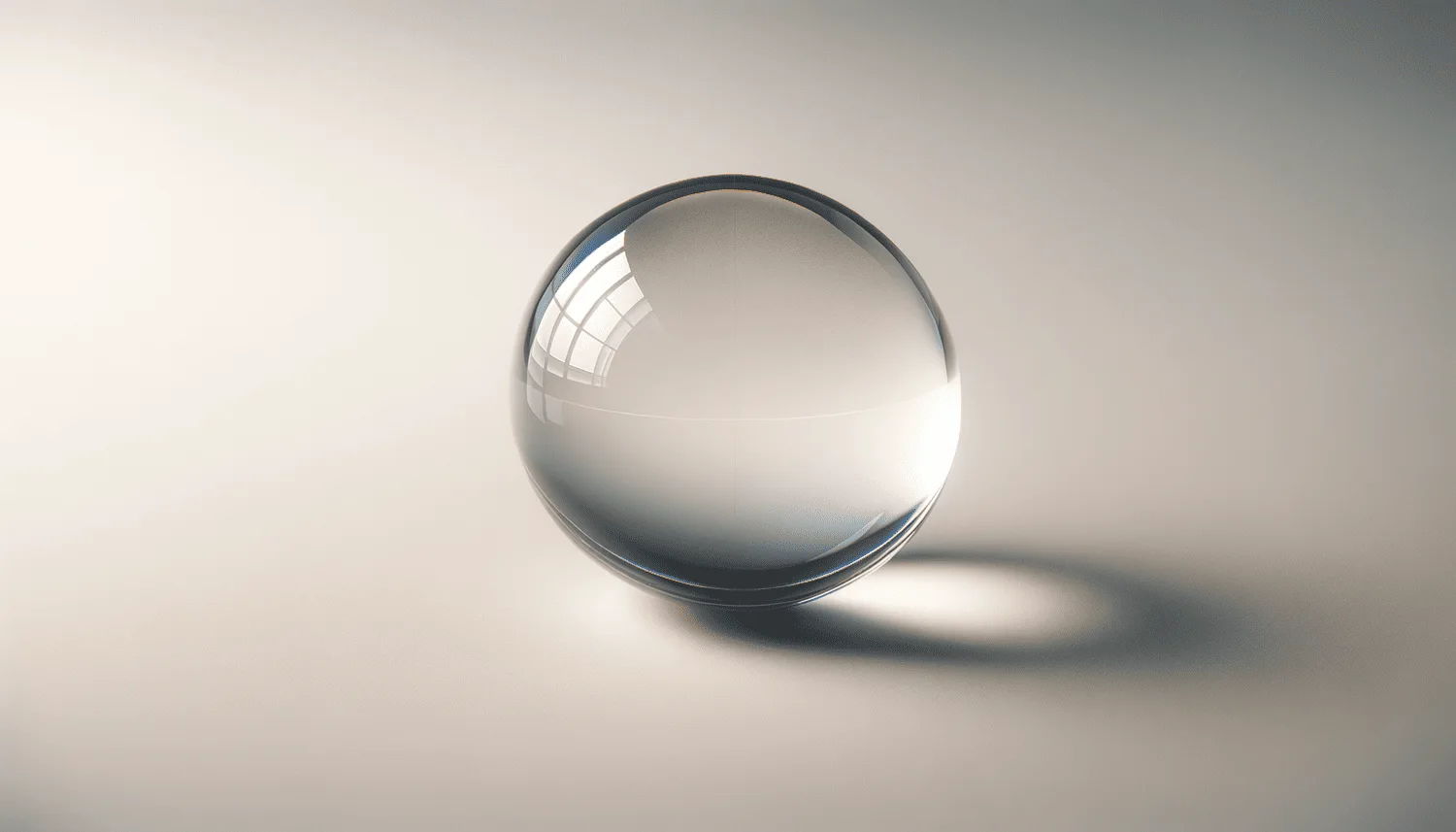 A clear glass sphere reflecting light in a quiet space