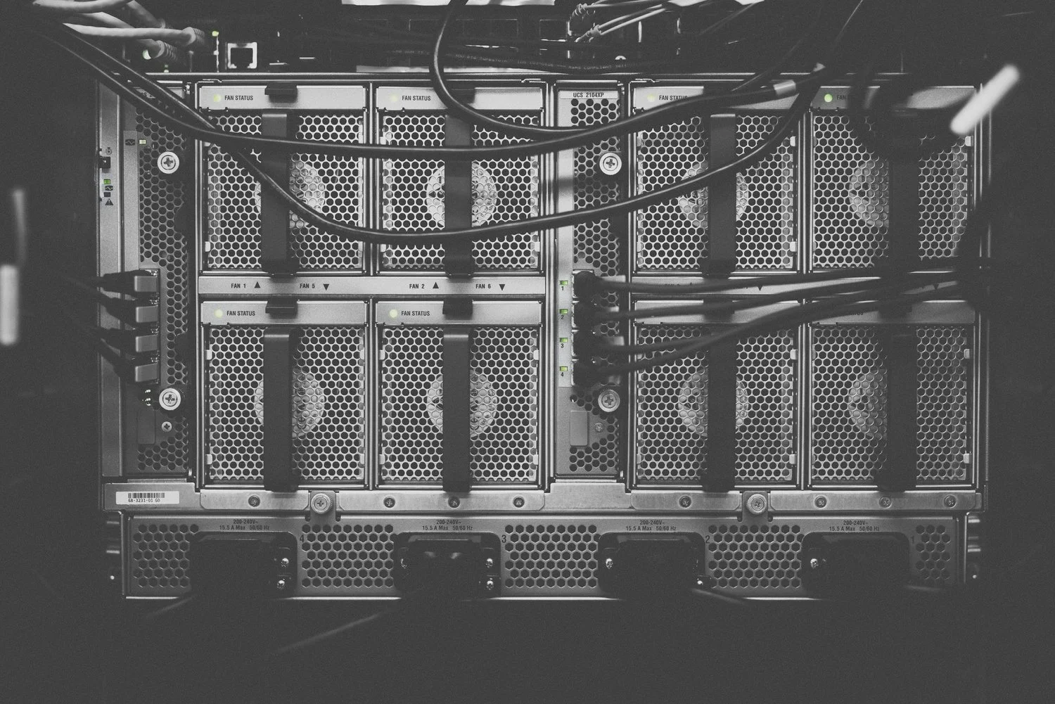A bank of computer servers with cooling fans