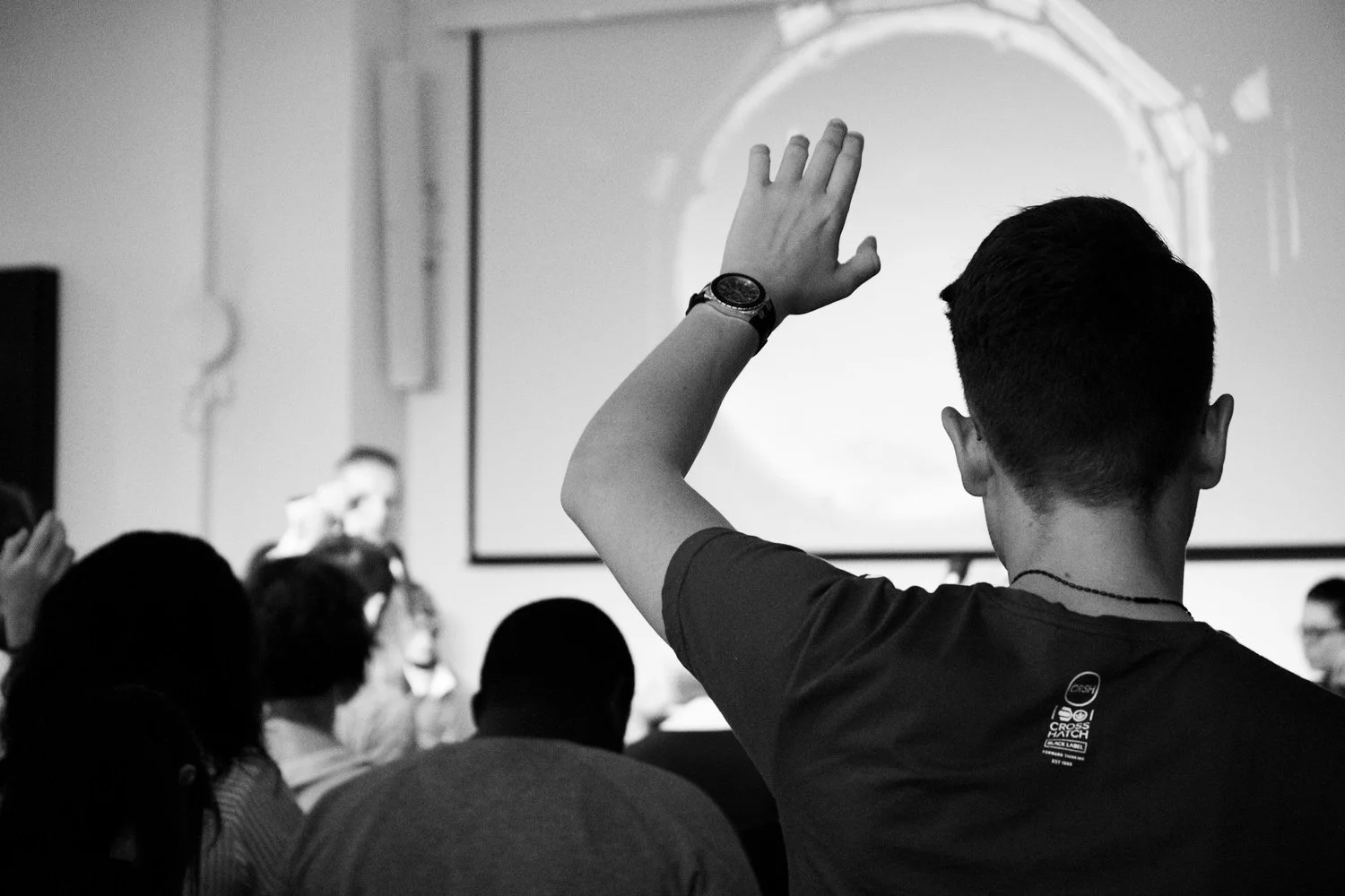 A participant raising his hand during a training session
